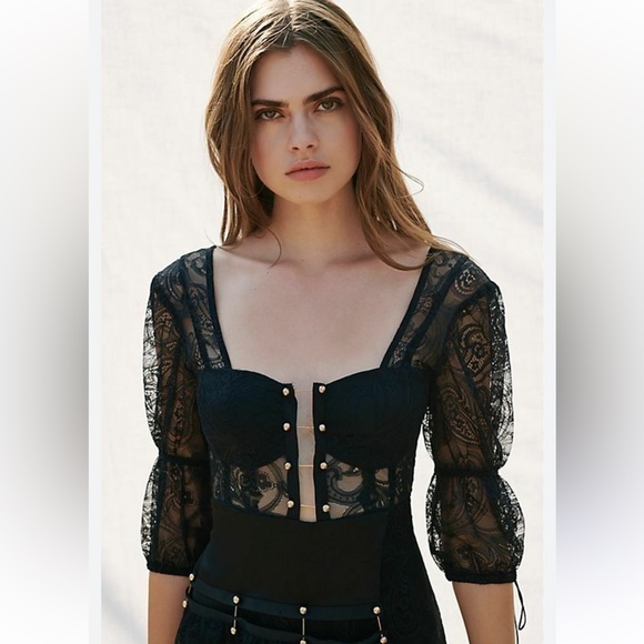 RARE For Love and Lemons Sabrina safety pin black lace satin dress - Picture 3 of 7